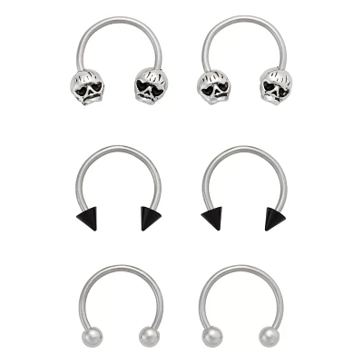 Multi-Pack Silvertone and Black Skull Horseshoe Rings 18 Gauge - 3 Pair