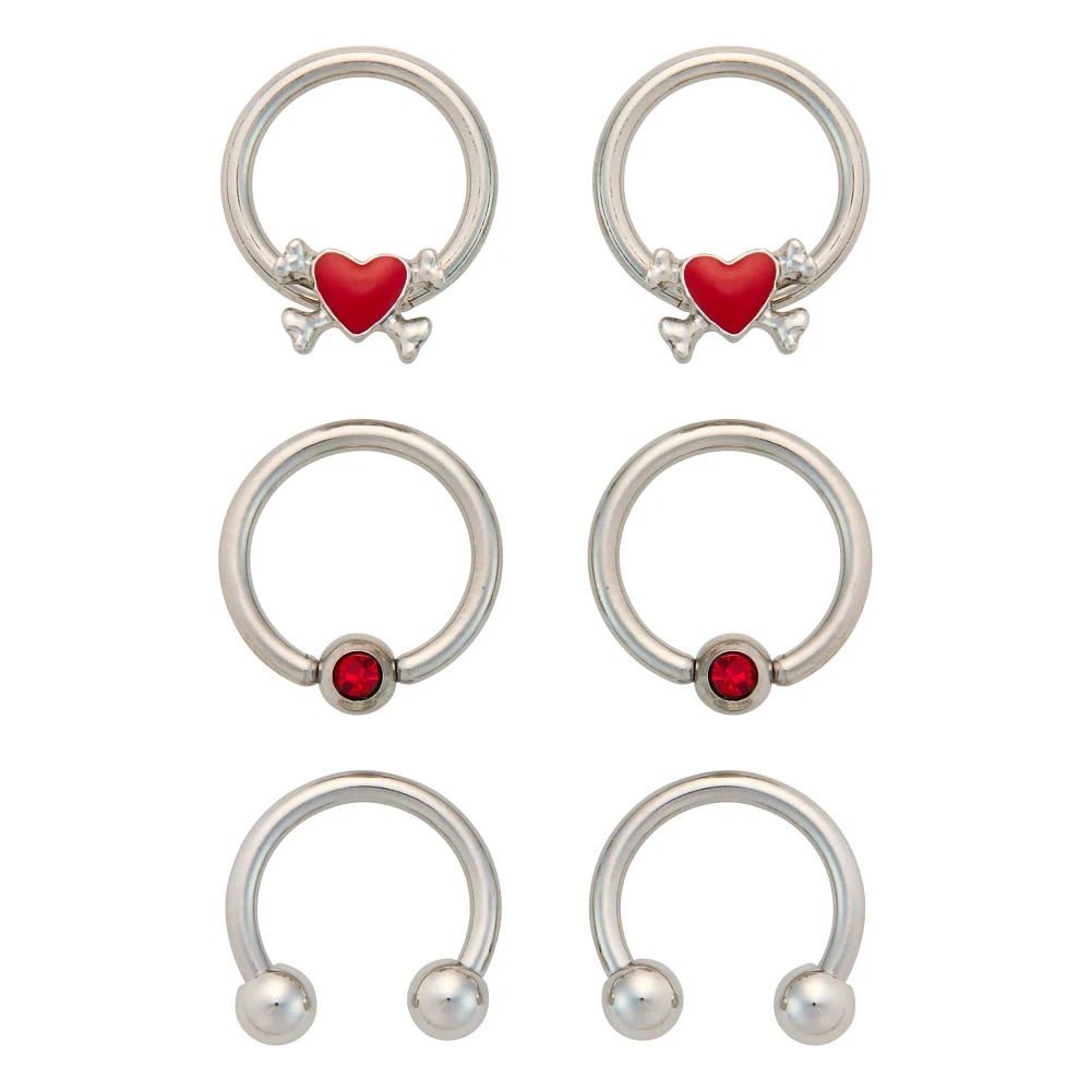 Multi-Pack CZ Skull Heart Silvertone Horseshoe and Captive Rings 16=4 Gauge - 3 Pair