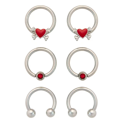 Multi-Pack CZ Skull Heart Silvertone Horseshoe and Captive Rings 16=4 Gauge - 3 Pair