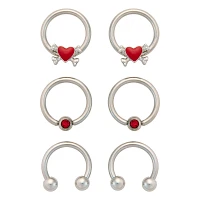 Multi-Pack CZ Skull Heart Silvertone Horseshoe and Captive Rings 16=4 Gauge - 3 Pair