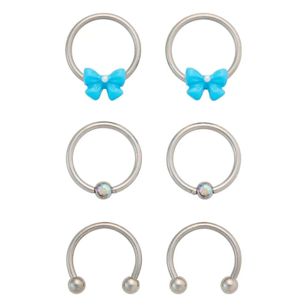 Multi-Pack Silvertone Bow Horseshoe and Captive Rings 16 Gauge - 3 Pair