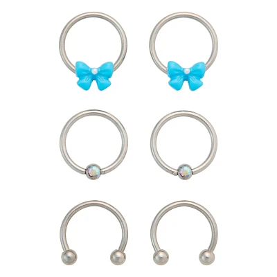 Multi-Pack Silvertone Bow Horseshoe and Captive Rings 16 Gauge - 3 Pair