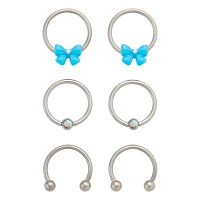 Multi-Pack Silvertone Bow Horseshoe and Captive Rings 16 Gauge - 3 Pair