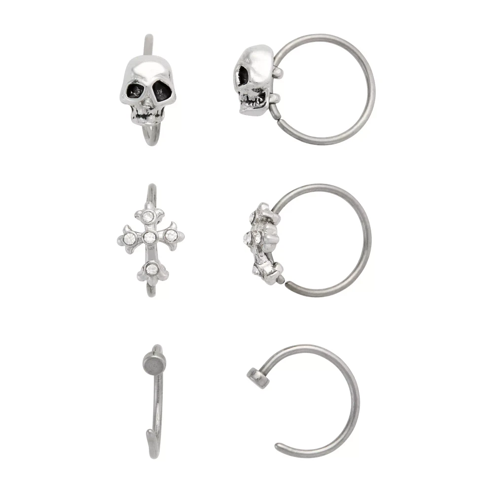 Multi-Pack Titanium CZ Skull and Cross Nose Hoops and Half Hoops 6 Pack - 20 Gauge