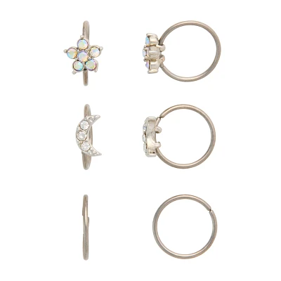 Multi-Pack CZ Star and Moon Titanium Hoop Nose Rings 3 Pair - 20 Gauge
