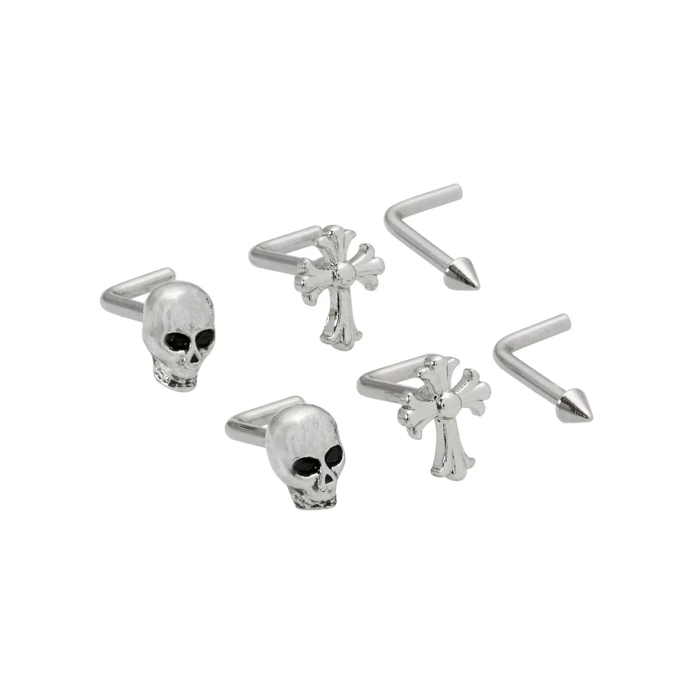 Multi-Pack Skull and Cross L-Bend Nose Pins 6 Pack - 18 Gauge