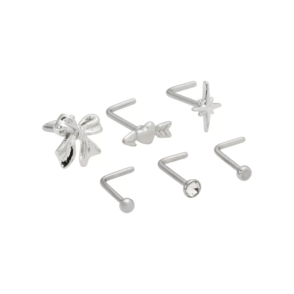 Multi-Pack Bow Heart and Star L-Bend Nose Pins 6 Pack - 20 Gauge