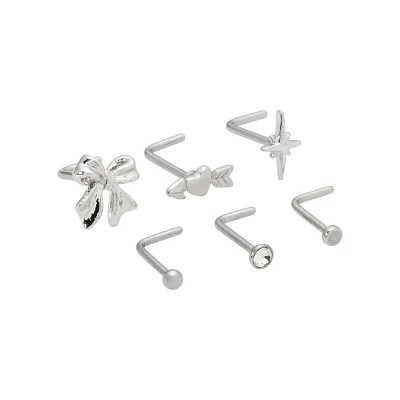 Multi-Pack Bow Heart and Star L-Bend Nose Pins 6 Pack - 20 Gauge