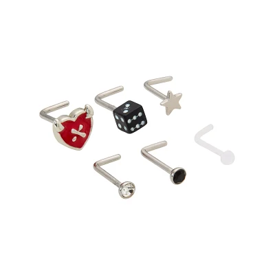 Multi-Pack Heart and Dice L-Bend Nose Pins 6 Pack - 20 Gauge