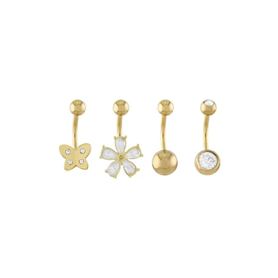 Multi-Pack 14K Gold CZ Butterfly and Flower Belly Rings 4 Pack - 14 Gauge