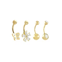 Multi-Pack 14K Gold CZ Butterfly and Flower Belly Rings 4 Pack - 14 Gauge