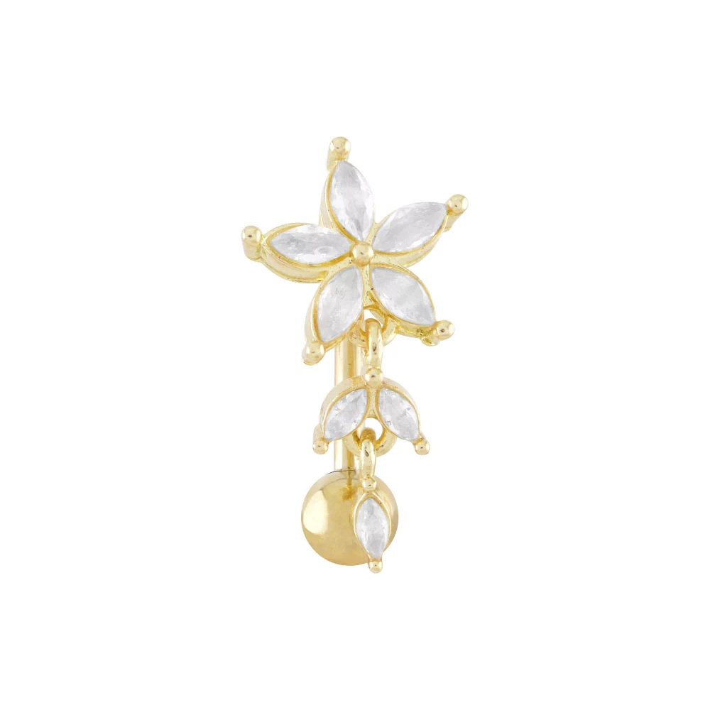 14K Gold CZ Flower Dangle Belly Ring - 14 Gauge