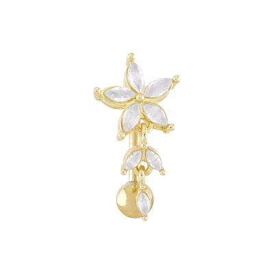 14K Gold CZ Flower Dangle Belly Ring - 14 Gauge