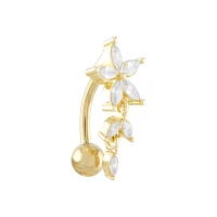 14K Gold CZ Flower Dangle Belly Ring - 14 Gauge
