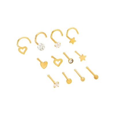 Multi-Pack CZ Goldtone Star Heart Nose Pins and Screw Rings 12 Pack - 20 Gauge