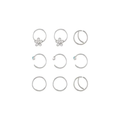 Multi-Pack CZ Silvertone Flower Hoop and Half Hoop Nose Rings 9 Pack - 20 Gauge