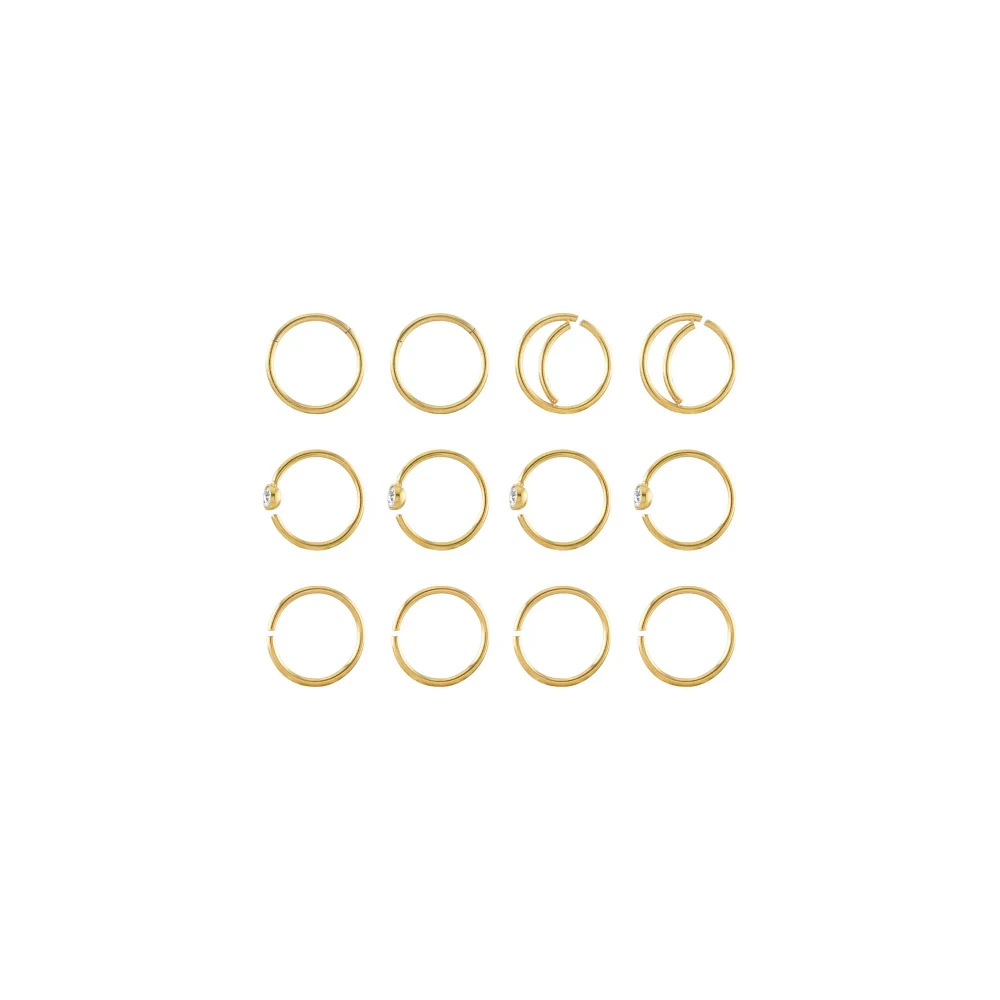 Multi-Pack CZ Goldtone Hoop and Half Hoop Nose Rings 12 Pack - 20 Gauge