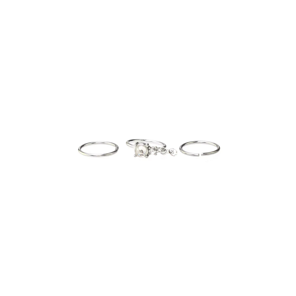 Multi-Pack CZ Aurora Borealis Effect Silvertone Dangle Hoop Nose Rings 3 Pack - 20 Gauge