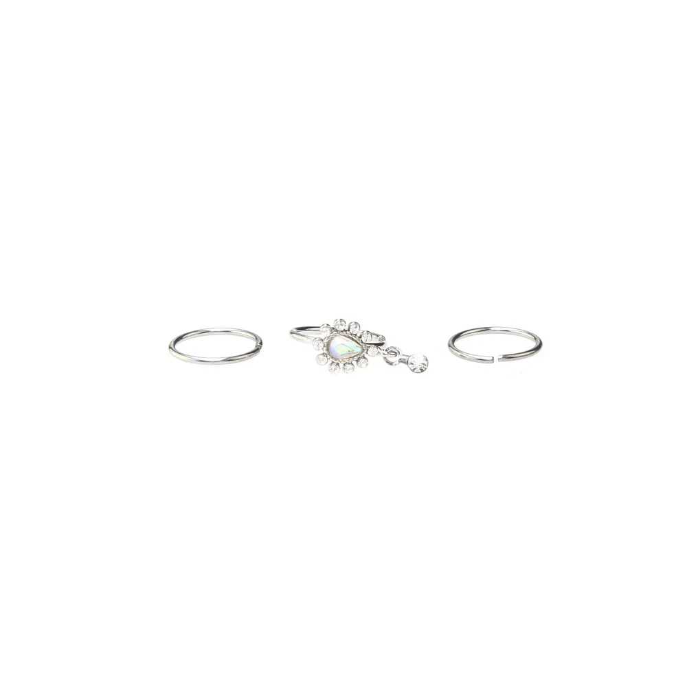 Multi-Pack CZ Aurora Borealis Effect Silvertone Hoop Nose Rings 3 Pack - 20 Gauge