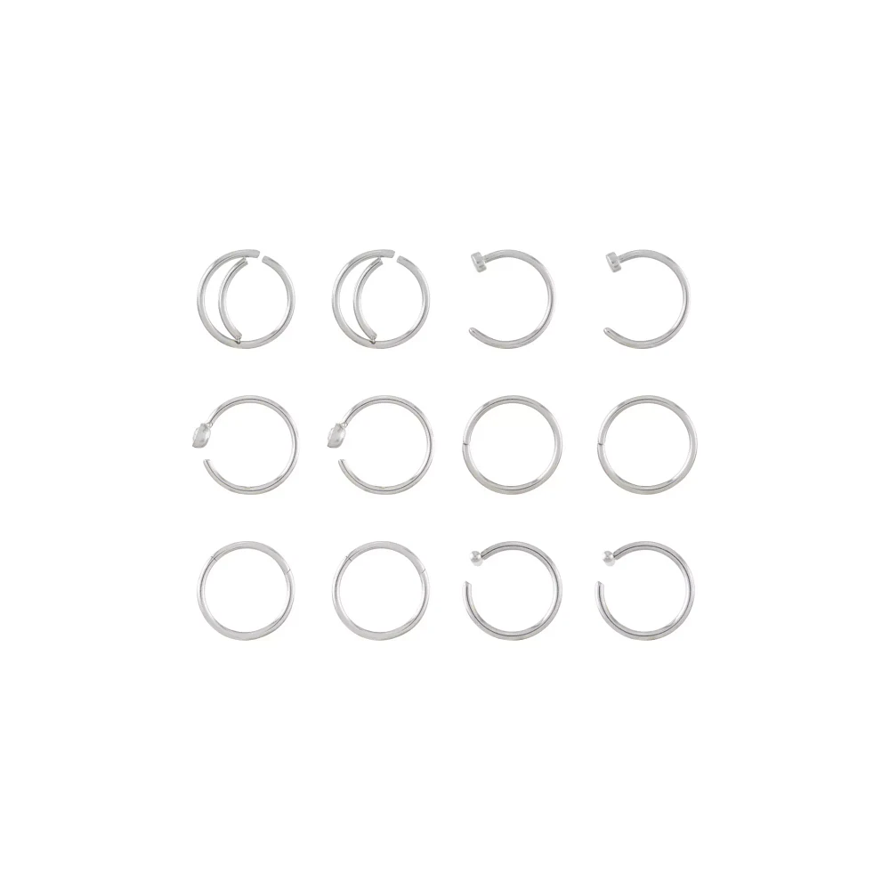 Multi-Pack CZ Silvertone Hoop and Half Hoop Nose Rings 12 Pack - 20 Gauge