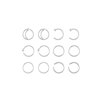 Multi-Pack CZ Silvertone Hoop and Half Hoop Nose Rings 12 Pack - 20 Gauge