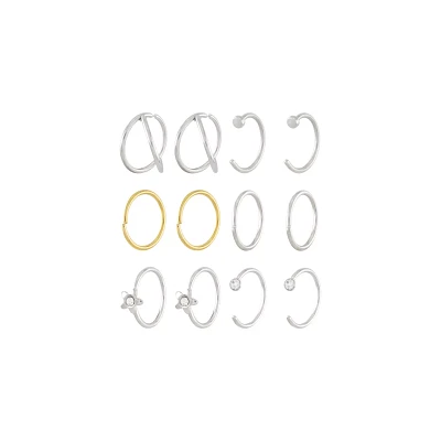 Multi-Pack CZ Flower Silvertone Goldtone Hoop and Half Hoop Nose Rings 12 Pack - 20 Gauge