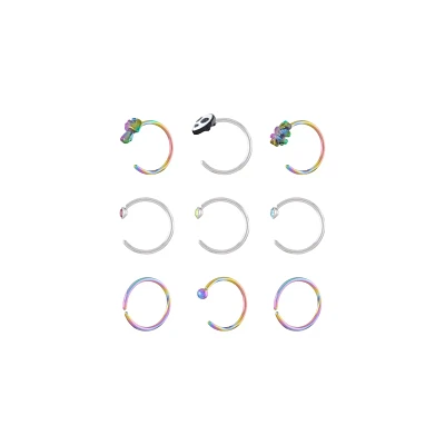 Multi-Pack CZ Rainbow Alien Silvertone Hoop and Half Hoop Nose Rings 9 Pack - 20 Gauge