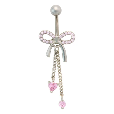 CZ Titanium Pink Bow Chain Dangle Belly Ring - 14 Gauge
