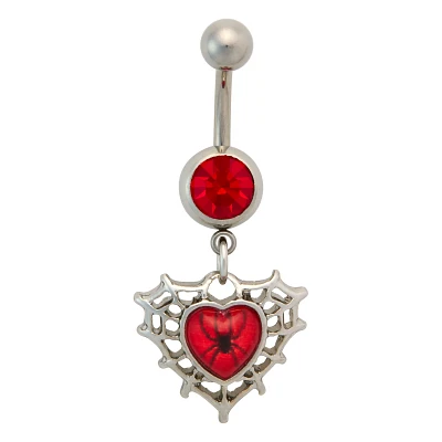 CZ Titanium Red Web Heart Dangle Belly Ring - 14 Gauge