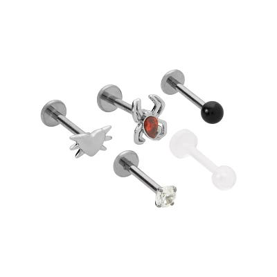 Multi-Pack CZ Spider Heart Titanium Labret Lip Rings 5 Pack - 16 Gauge