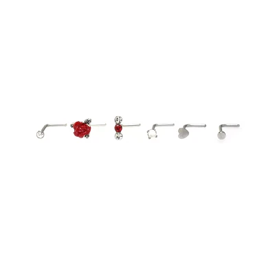 Multi-Pack Red Rose L-Bend Nose Pins 6 Pack - 20 Gauge