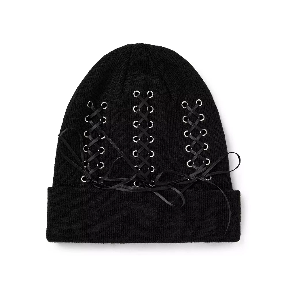 Black Lace-Up Cuff Beanie Hat
