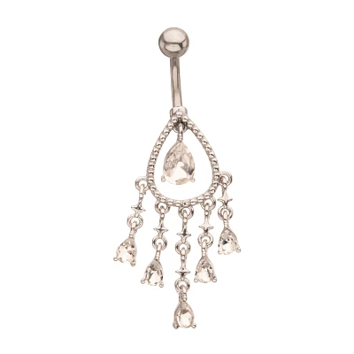 Silver CZ Teardrop Cluster Belly Ring - 14 Gauge