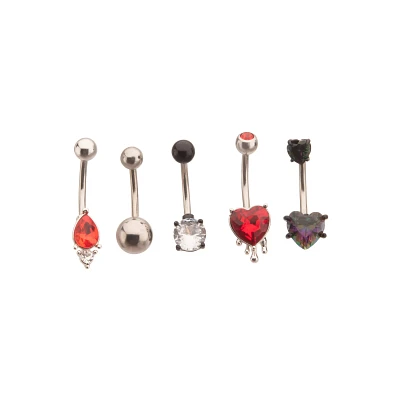Multi-Pack Red and Black CZ Heart Belly Rings 5 Pack - 14 Gauge
