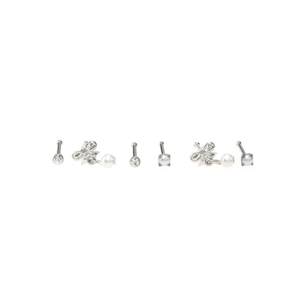 Multi-Pack Silvertone Pearl Effect Pin Nose Rings 6 Pack - 20 Gauge