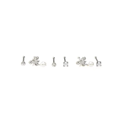 Multi-Pack Silvertone Pearl Effect Pin Nose Rings 6 Pack - 20 Gauge