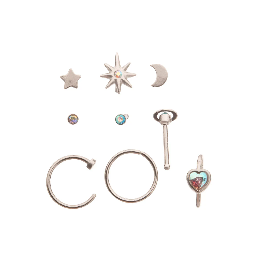 Multi-Pack Celestial CZ Nose Pins and Hoops 9 Pack - 20 Gauge