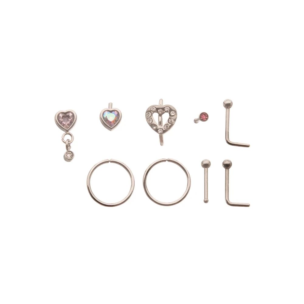 Multi-Pack Pink CZ Heart Nose Pins and Hoops 9 Pack - 20 Gauge
