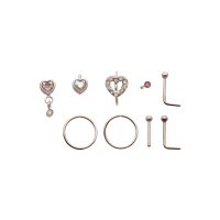 Multi-Pack Pink CZ Heart Nose Pins and Hoops 9 Pack - 20 Gauge