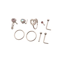 Multi-Pack Pink CZ Heart Nose Pins and Hoops 9 Pack - 20 Gauge