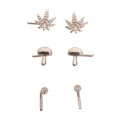 Multi-Pack Silver CZ Mushroom and Leaf L-Bend Nose Pins 3 Pair - 20 Gauge
