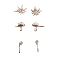 Multi-Pack Silver CZ Mushroom and Leaf L-Bend Nose Pins 3 Pair - 20 Gauge