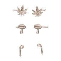 Multi-Pack Silver CZ Mushroom and Leaf L-Bend Nose Pins 3 Pair - 20 Gauge