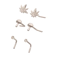 Multi-Pack Silver CZ Mushroom and Leaf L-Bend Nose Pins 3 Pair - 20 Gauge