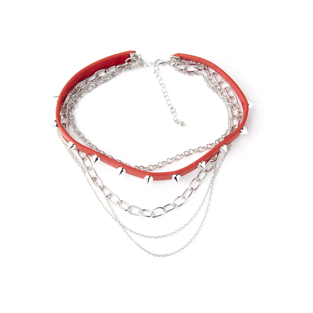 Five Row Red Spike and Silvertone Chain Choker Necklace