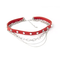 Five Row Red Spike and Silvertone Chain Choker Necklace