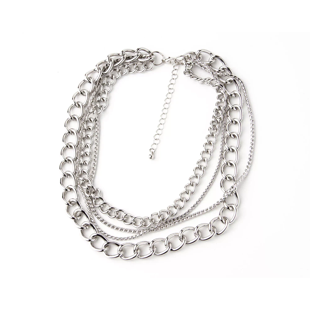 Silvertone Quadruple Row Simple Chain Choker Necklace