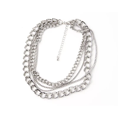 Silvertone Quadruple Row Simple Chain Choker Necklace