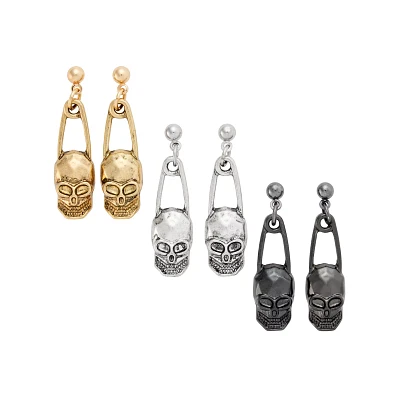 Multi-Pack Skull Safety Pin Dangle Earrings - 3 Pair