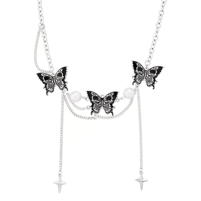 Skull Butterfly Draped Chain Choker Necklace